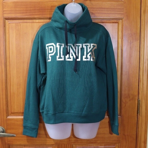 Pink Dark Green Metallic Silver Spellout Chest Logo Cowl Neck Pullover XS - Picture 2 of 9